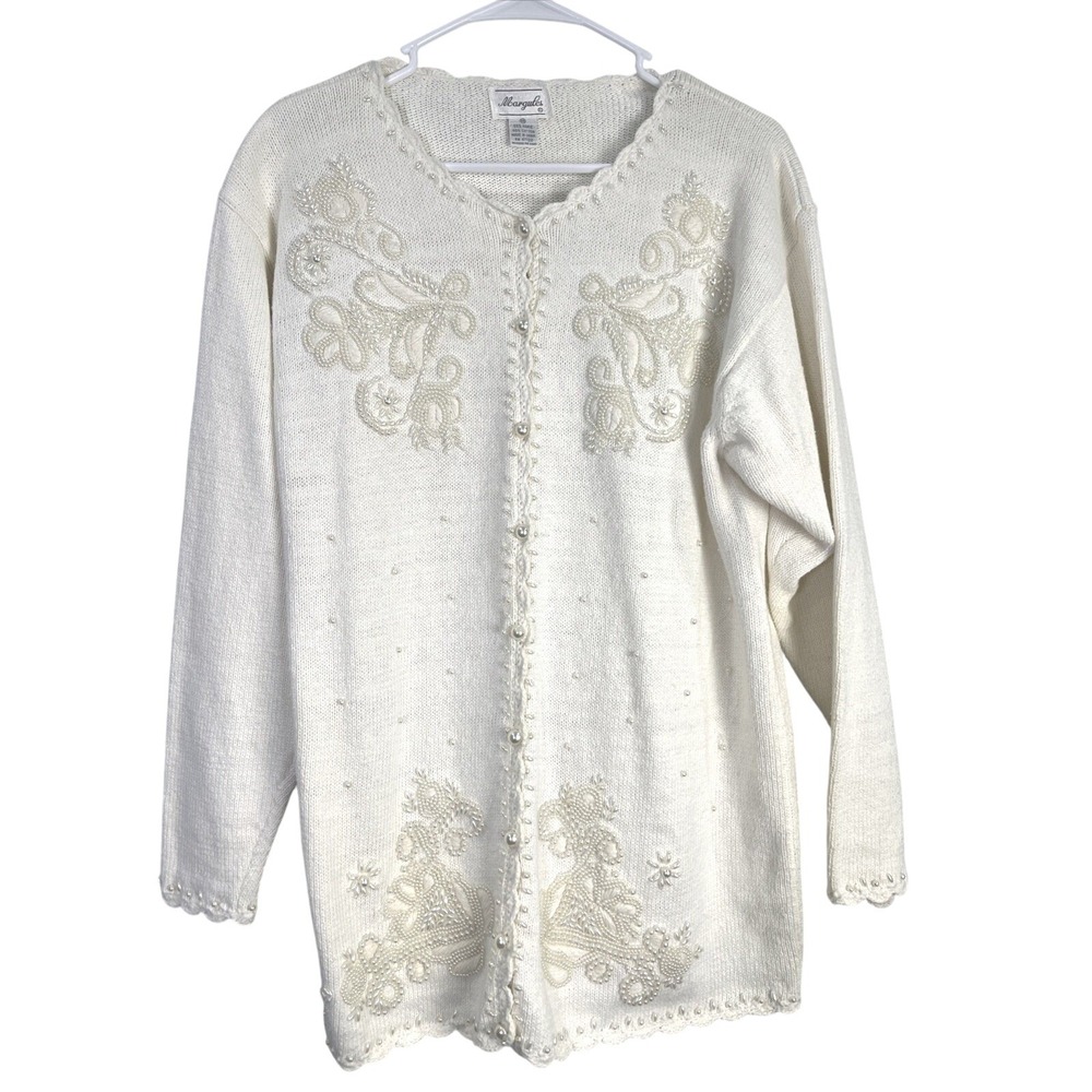 Vintage Margules Cardigan Women M Ivory Beaded Pearl Floral Scalloped Knit Bride
